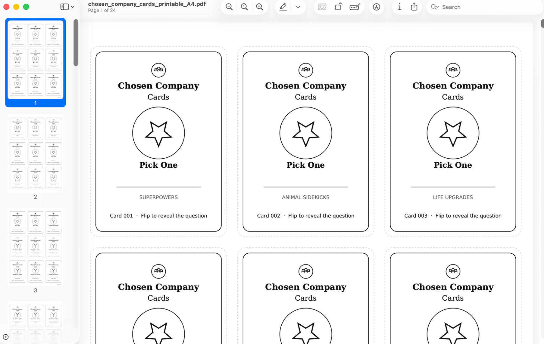 Screenshot of the Chosen Company Cards setup in an A4 Pdf