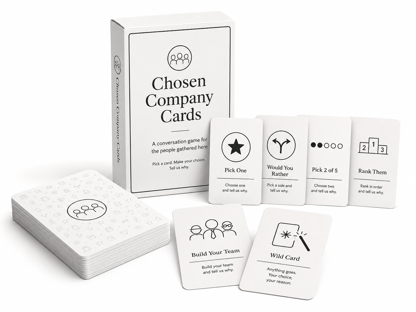 Chosen Company Cards mockup showing the completed deck box, pile of cards and one of each category