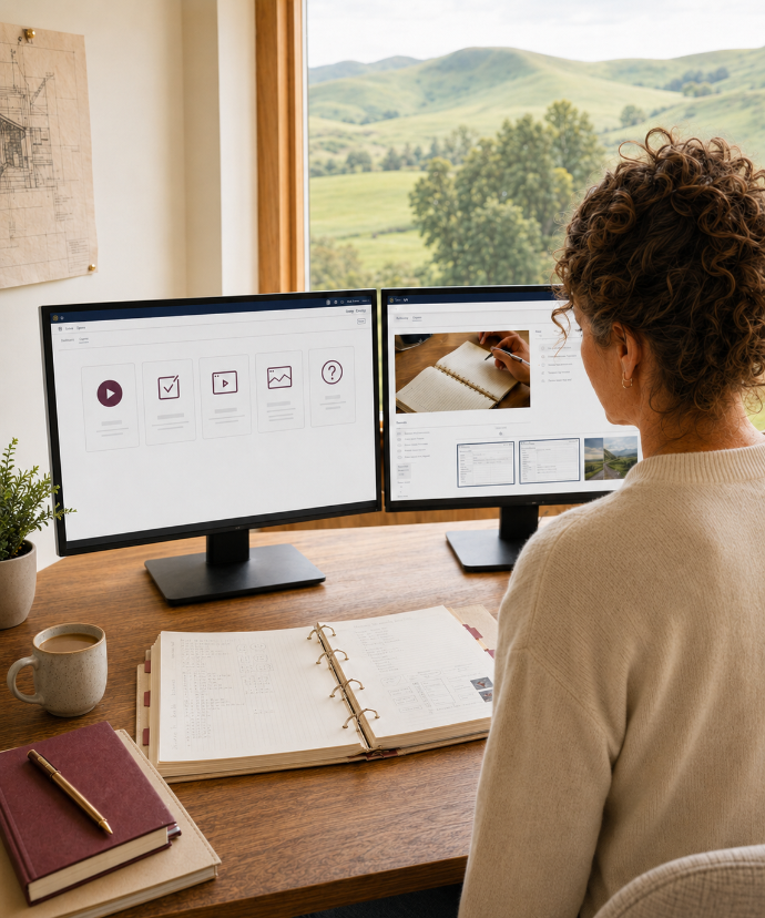 woman with curly hair at computer reviewing systems